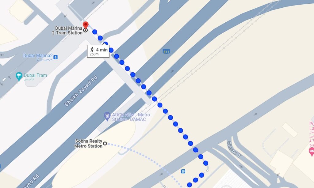 Google Maps showing the fastest path from Sobha Reality Station to Dubai Marina Tram Station. It is for those going to Monorail via the Metro. 